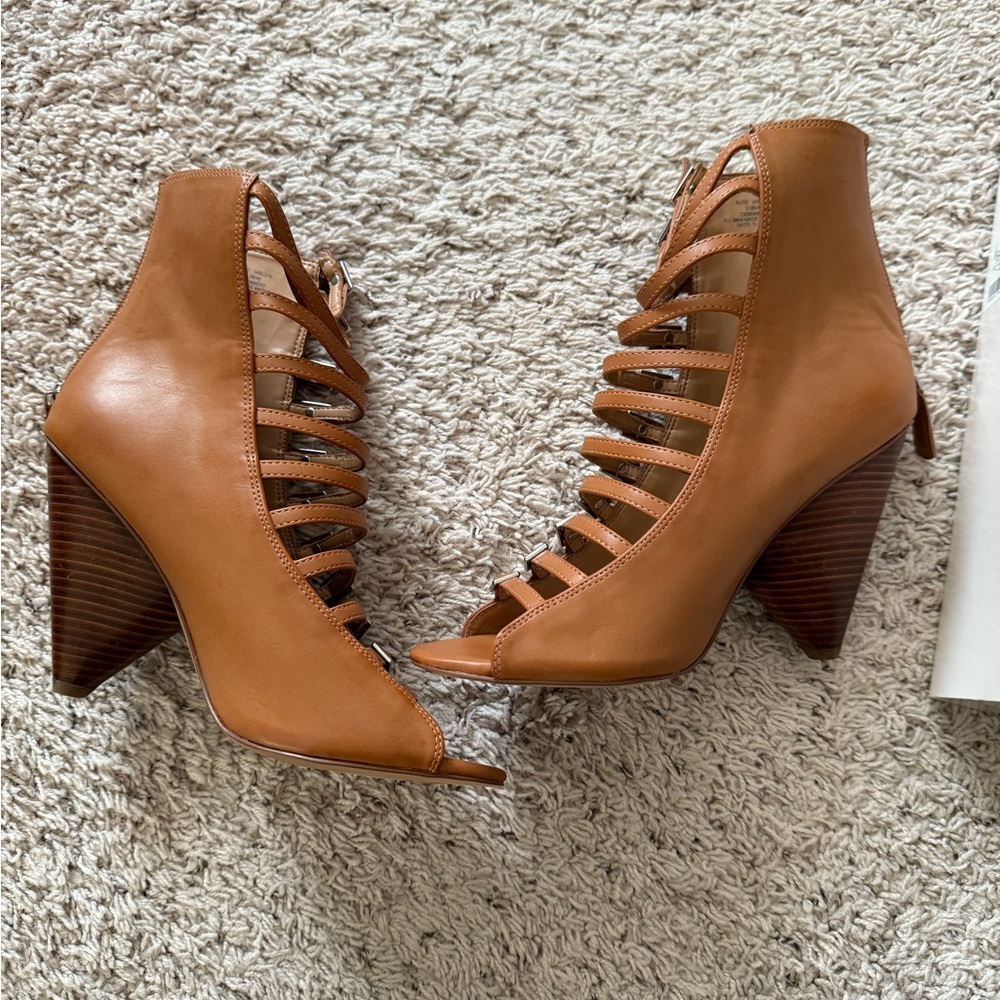 BCBG Tan Strappy Heeled Booties